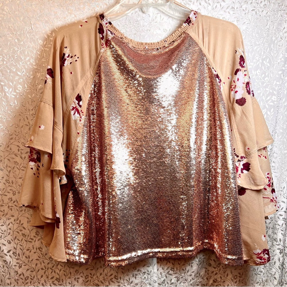 FREE PEOPLE “Shimmy & Shake” Sequined Floral Bell Sleeve Pullover Blouse Top NWT - Picture 5 of 15